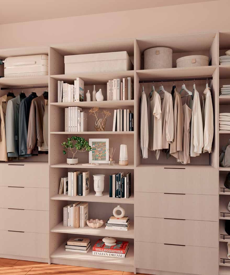 Custom European closet with open shelving, drawers and hanging